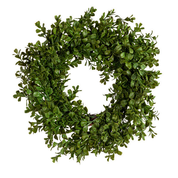 A circular green faux boxwood wreath made from plastic leaves, designed for use as a decorative gardening accessory.